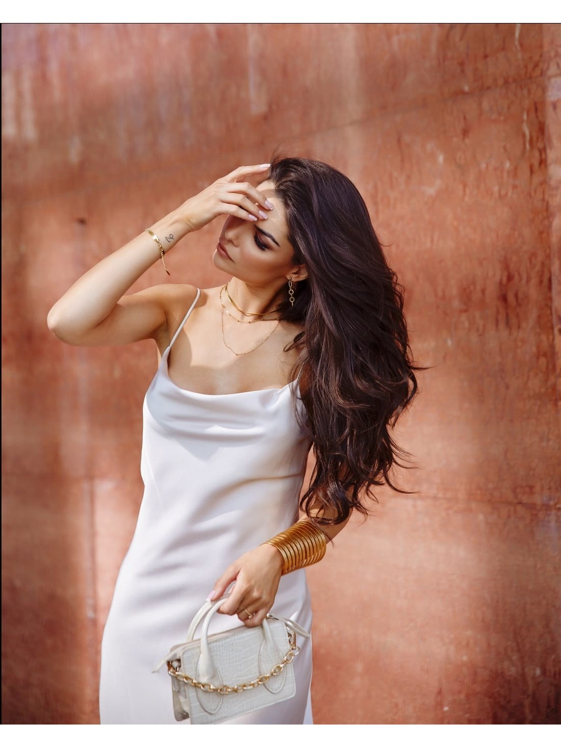 Satin dress with straps, light beige neckline, water 96494 - Online store - Boutique